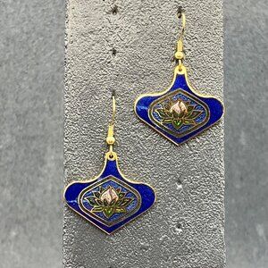 Cloisonné Lotus Flower Earrings 2 In Gold Blue Enamel Dangle Vintage Signed